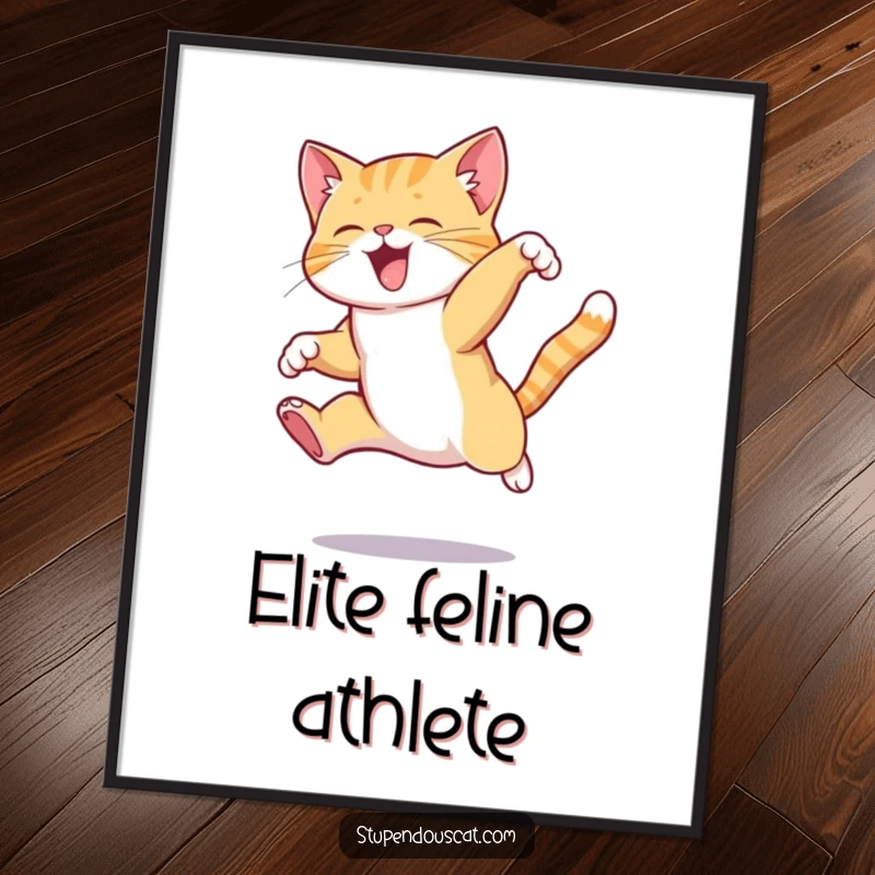 Funny cat poster art of a cat executing a surprisingly elegant, complex, and athletic jump, showcasing incredible grace.