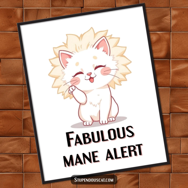 Funny cat poster art of a cat comically trying to style or tame its large, fluffy, and wild mane.