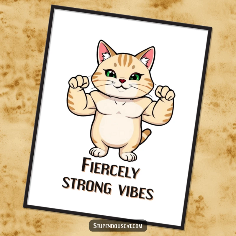 Funny poster featuring a strong cat with visibly rippling muscles, flexing its arms with immense pride and a powerful stance.
