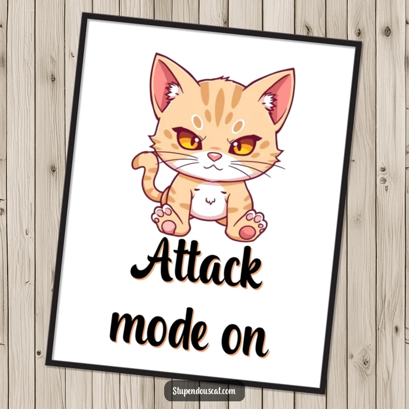 Funny action cat cub poster, looking formidable and ready for a humorous escapade. Bold graphic art for walls.