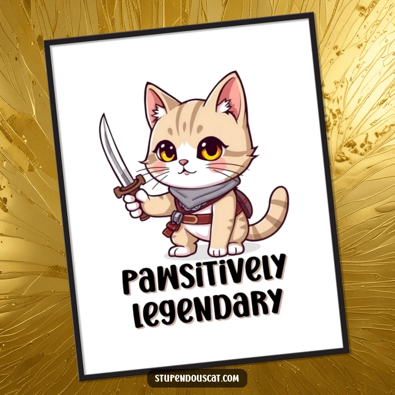 Funny cat poster showing a cat with an adventurous spirit, brandishing a tiny sword.