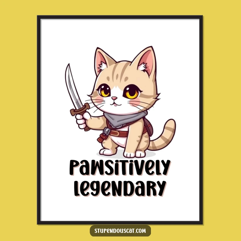 Funny Adventurous Cat Poster - Tiny Sword Warrior Art Gift