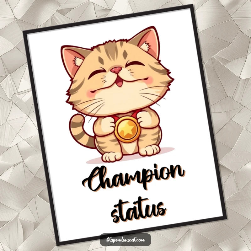 Funny Poster: A proud cat is showcasing a shiny medal, exuding an aura of stupendous accomplishment and victory.