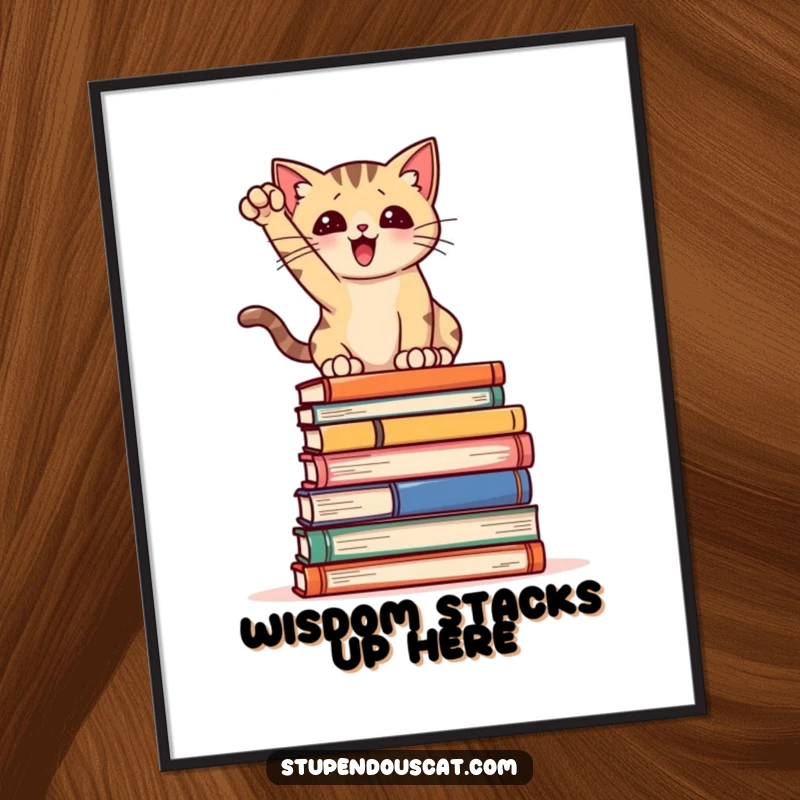 Funny Poster: A sophisticated cat striking a dramatic pose atop a stack of books, bringing literary humor and artistic flair to decor.