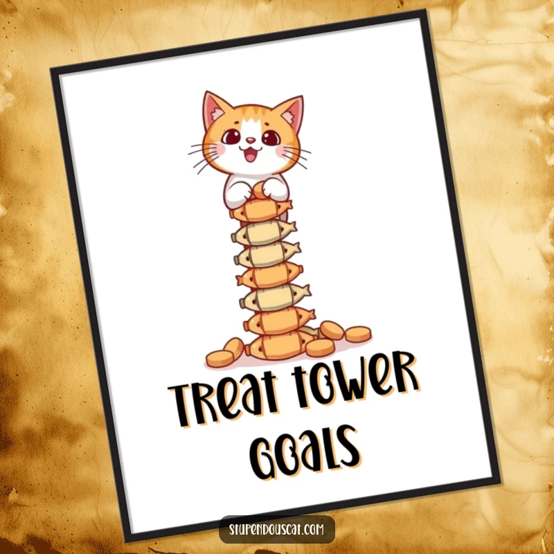 Funny Poster: A cat is expertly balancing a high tower of fish treats, showcasing amazing focus and poise.