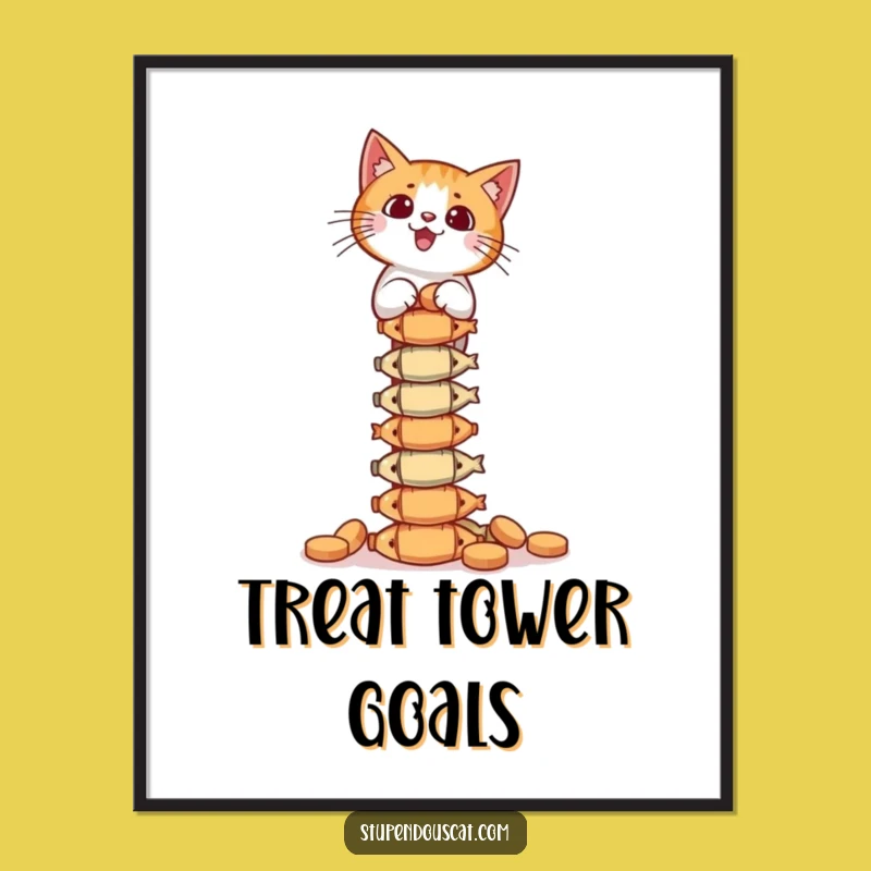 Funny Cat Balance Poster - Fish Treat Tower Art for Whimsical Decor