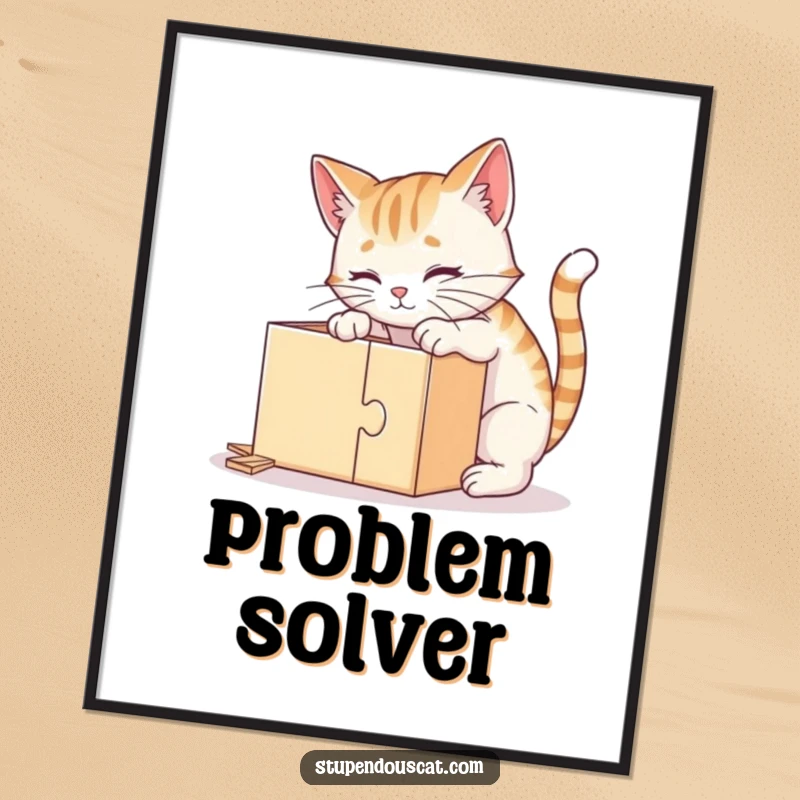 Funny poster illustration of a clever cat intensely focused on solving a puzzle box, showcasing curiosity and problem-solving skills.
