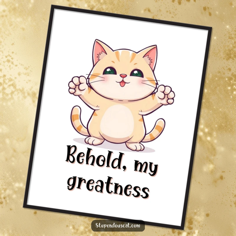 Funny poster of a cat striking a heroic pose, front paws outstretched, radiating bravery and a humorous spirit.