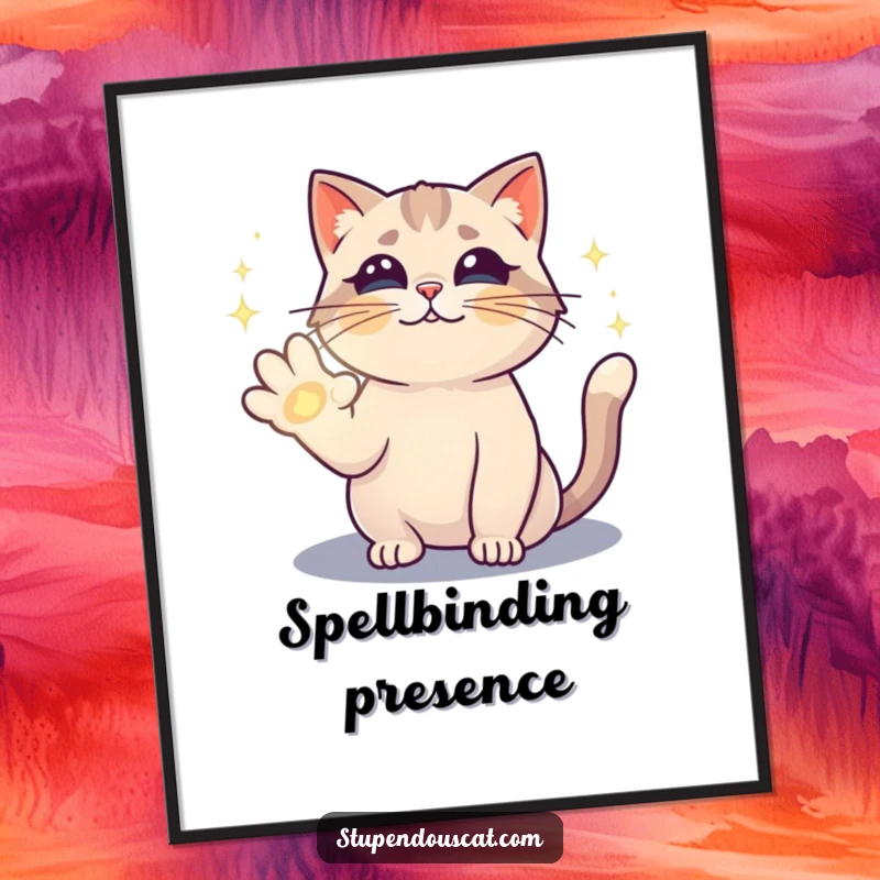 Funny poster illustration of a magical cat casting a sparkling spell with its paw, evoking a sense of wonder and enchantment.