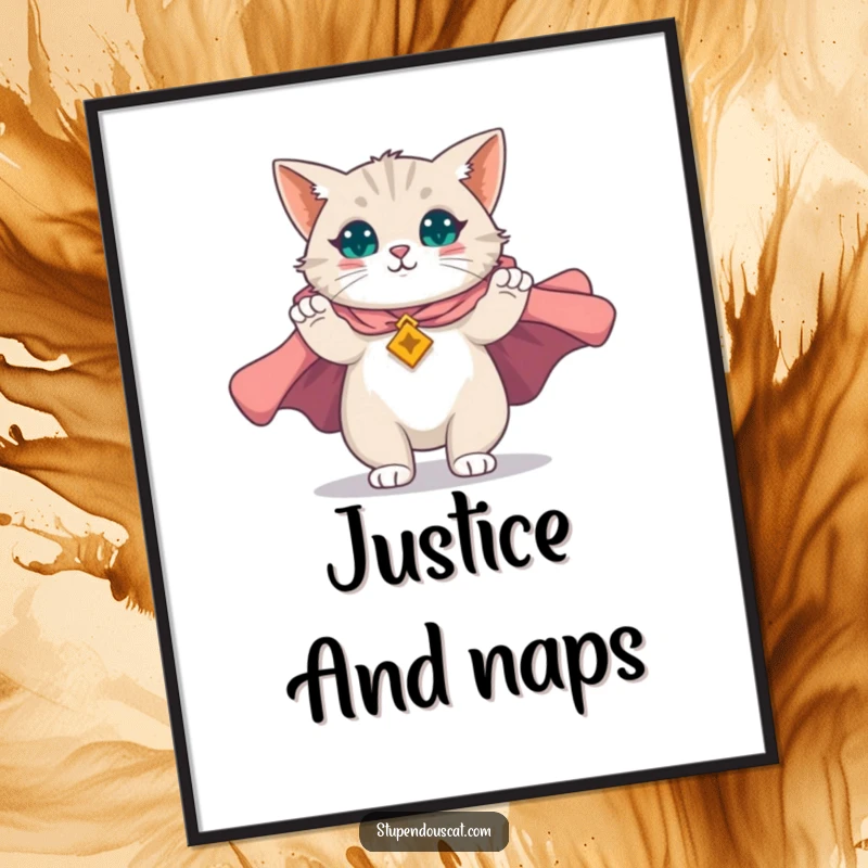 Funny poster of a magnificent cat unfurling a majestic cape, creating a dramatic and heroic scene, perfect for wall art as a funny gift.