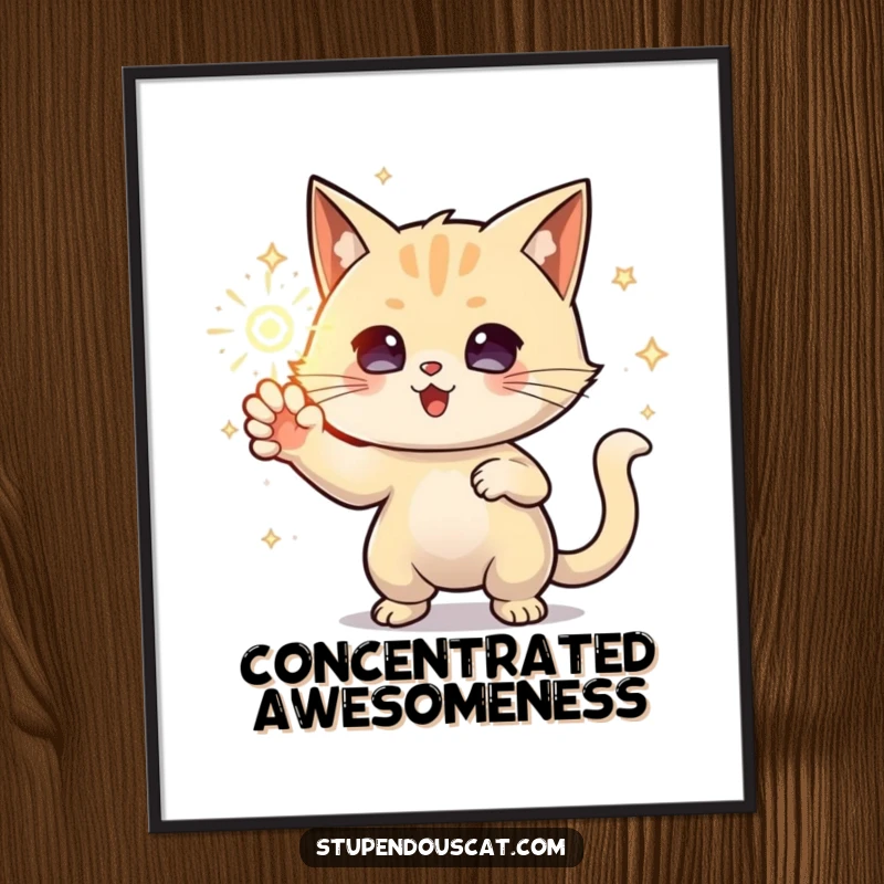 Funny Poster of a powerful cat character conjuring a sparkling, luminous orb of energy, radiating mystical power and focus.