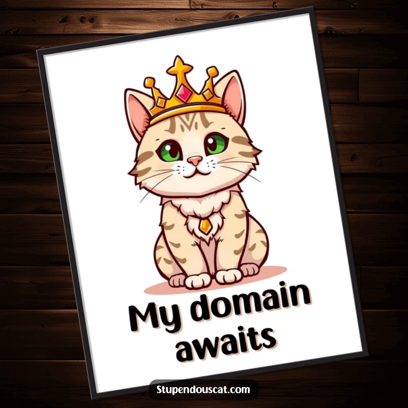 Funny poster featuring a regal cat adorned with a golden crown, confidently surveying its domain with an authoritative and majestic gaze.