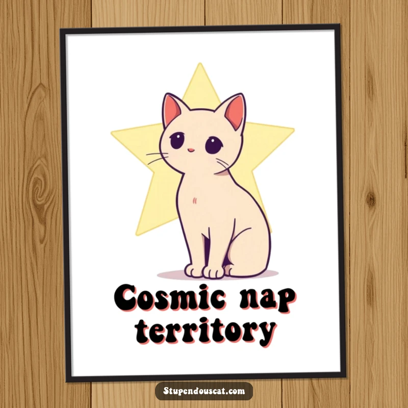 Funny poster featuring a cat silhouette against a radiant, shining star, creating a magical and serene atmosphere.