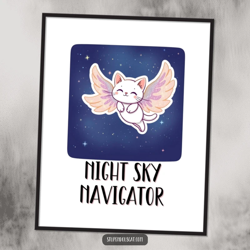 Funny Stardust Cat Poster: Artistic print of a cat with wings made of stardust, soaring gracefully through the night.