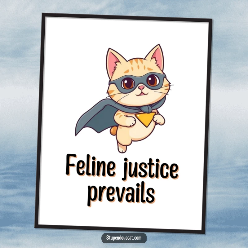 Funny poster of a cat wearing a superhero cape and flying with determination, symbolizing courage and adventure, a lovely home gift.