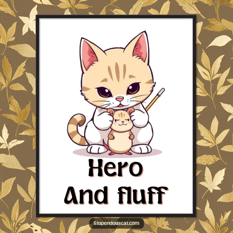 Funny poster featuring a valiant cat protectively standing guard over a small toy mouse, embodying bravery and loyalty, a perfect funny gift.