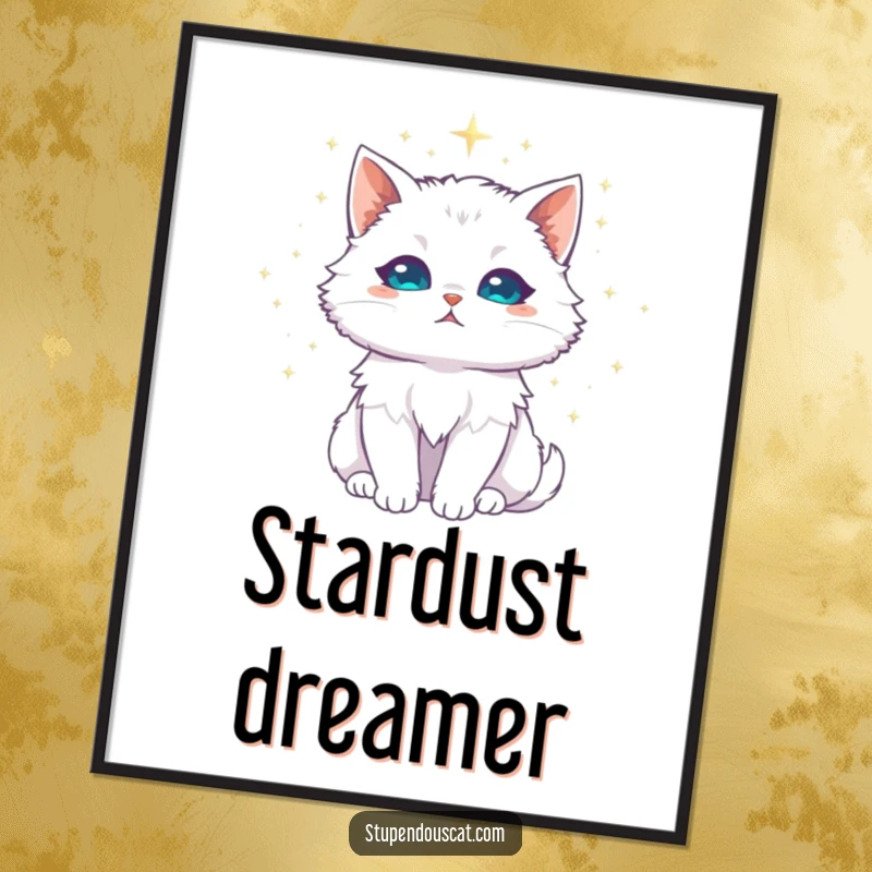 Funny white cat poster, majestic with a halo of shimmering stardust, a celestial piece of wall art capturing serene beauty.