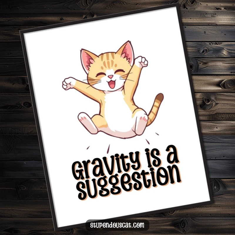 Funny Poster depicting a dynamic cat cub mid-air flip, bringing energetic action and humorous flair to any wall.