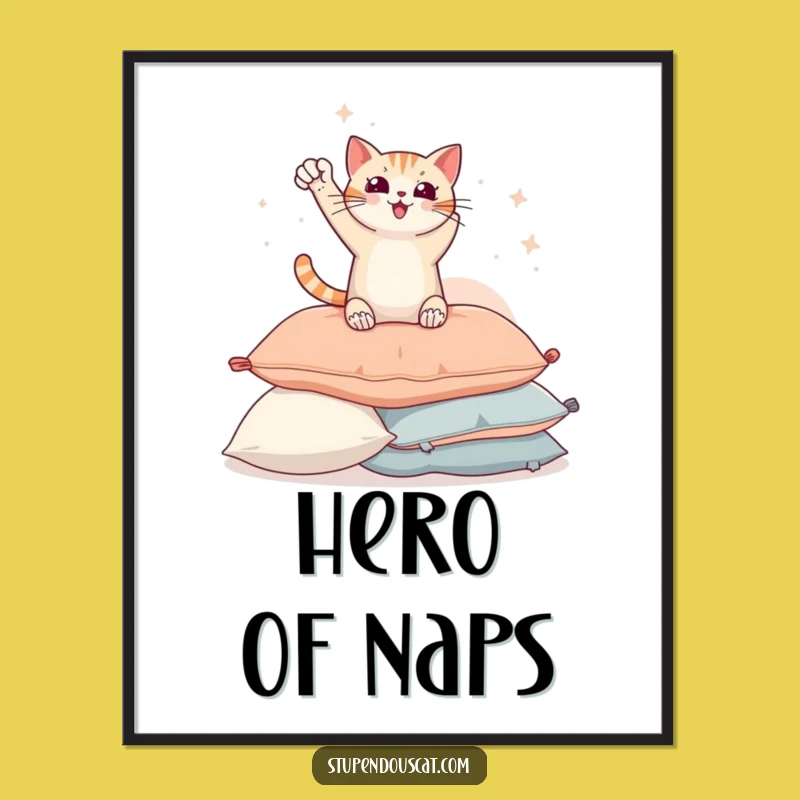 Funny Heroic Cat Pillow Pose Poster - Majestic Feline Art for Walls