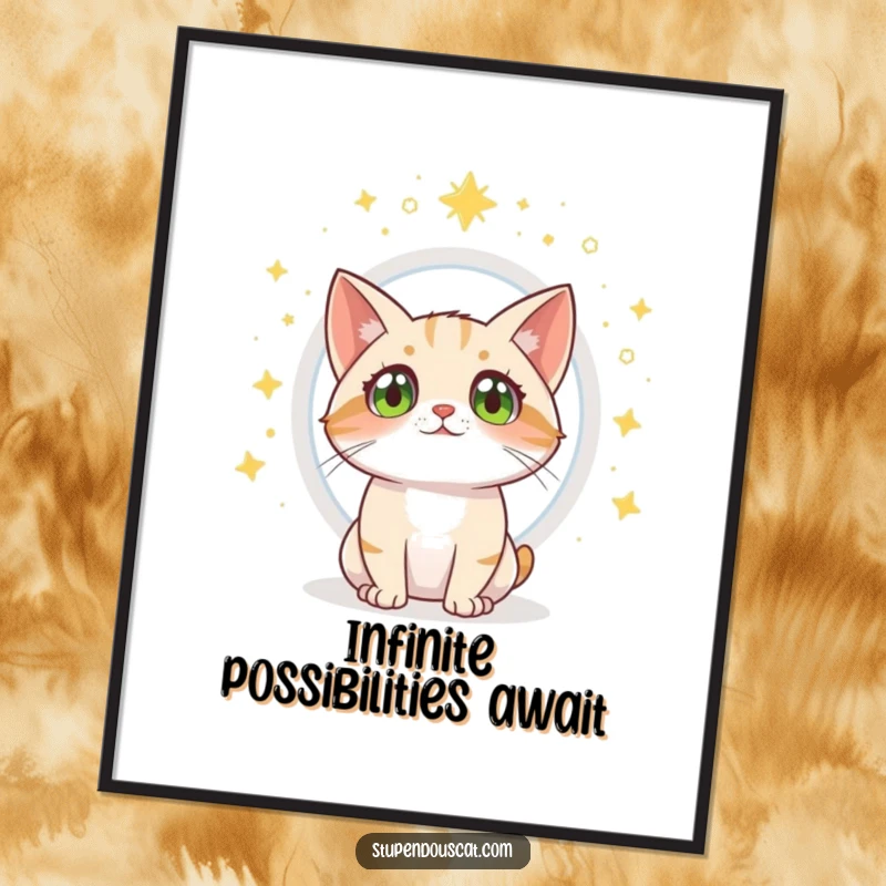 Funny cat poster showing a wide-eyed cat observing a magical portal opening.