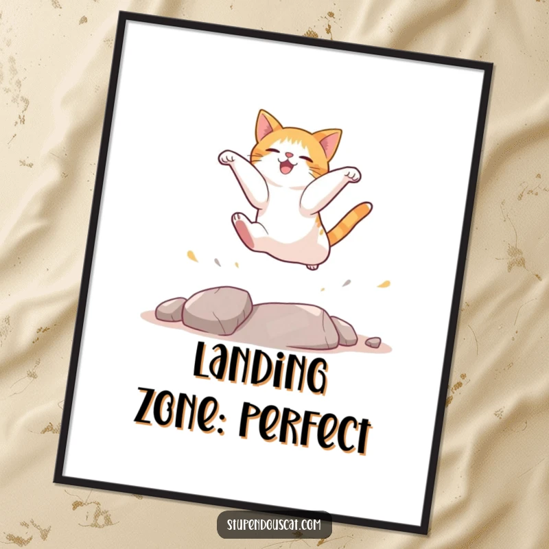 Funny cat poster depicting a cat mid-air, beautifully capturing its funny landing after a daring jump.