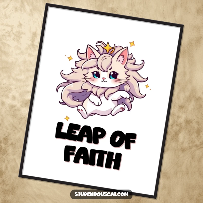 Funny Poster of a majestic cat with a flowing starry mane leaping through the galaxy, a visually stunning piece of cosmic art.