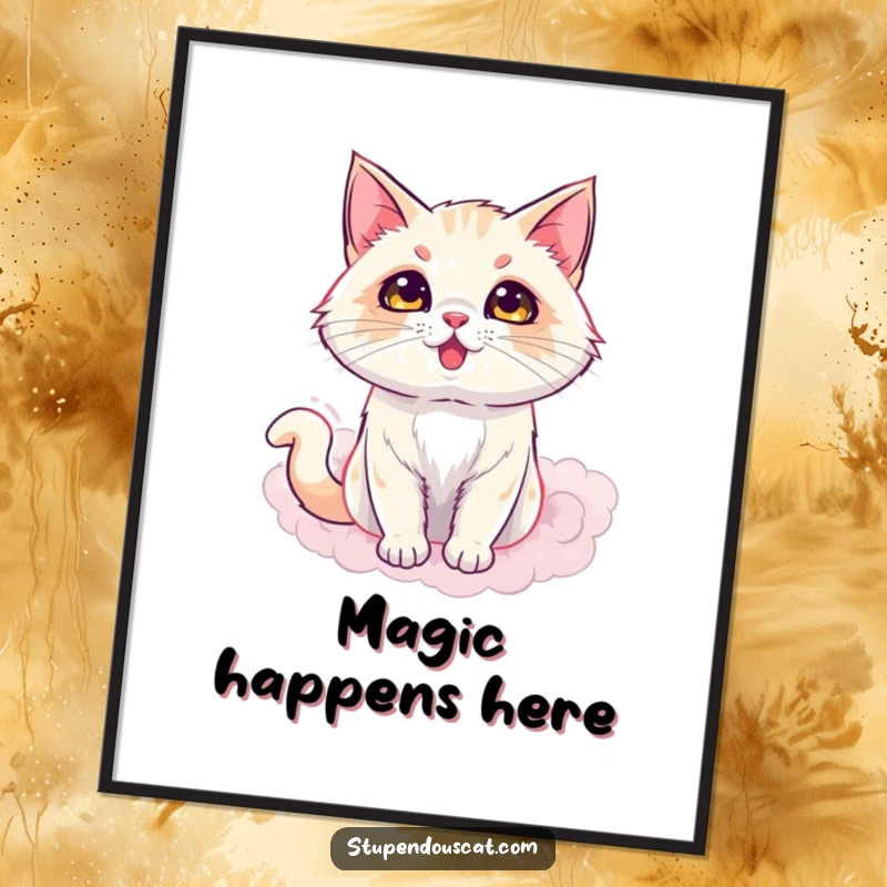 Funny poster featuring a dazzling cat appearing from a mysterious puff of smoke, creating a magical and intriguing visual, a perfect funny gift.