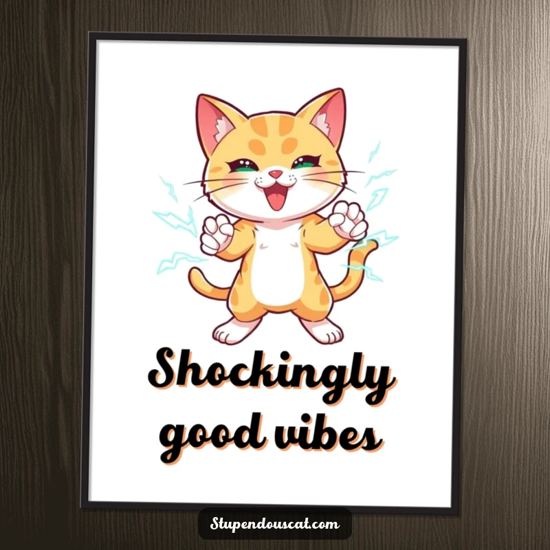 Funny poster featuring a powerful cat with dramatic lightning bolts crackling around its paws, striking an awe-inspiring dynamic pose.