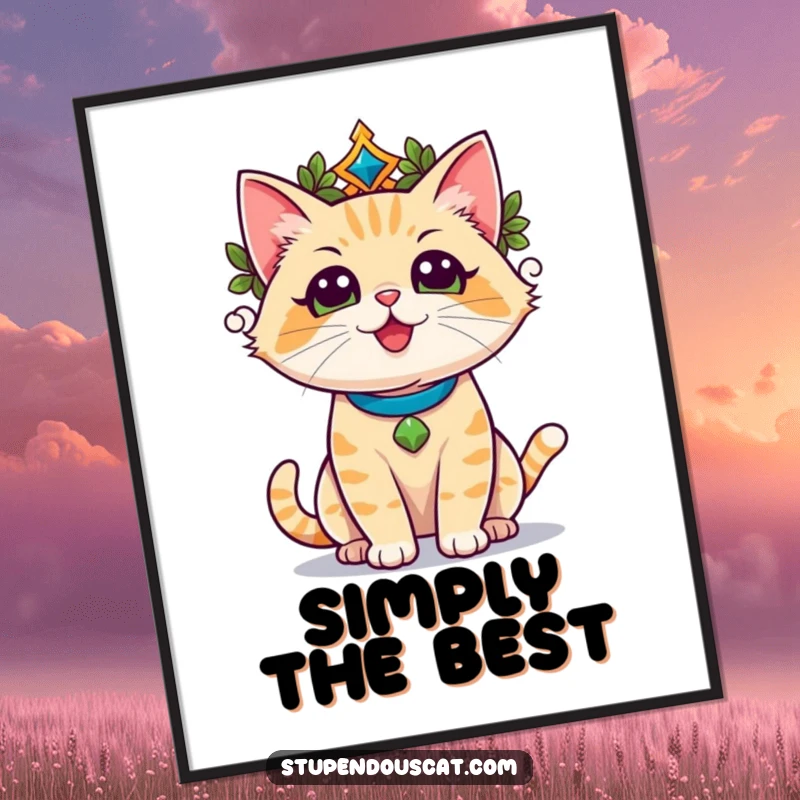 Funny champion cat crowned with a laurel wreath, basking in triumphant glory, printed on a poster, majestic.