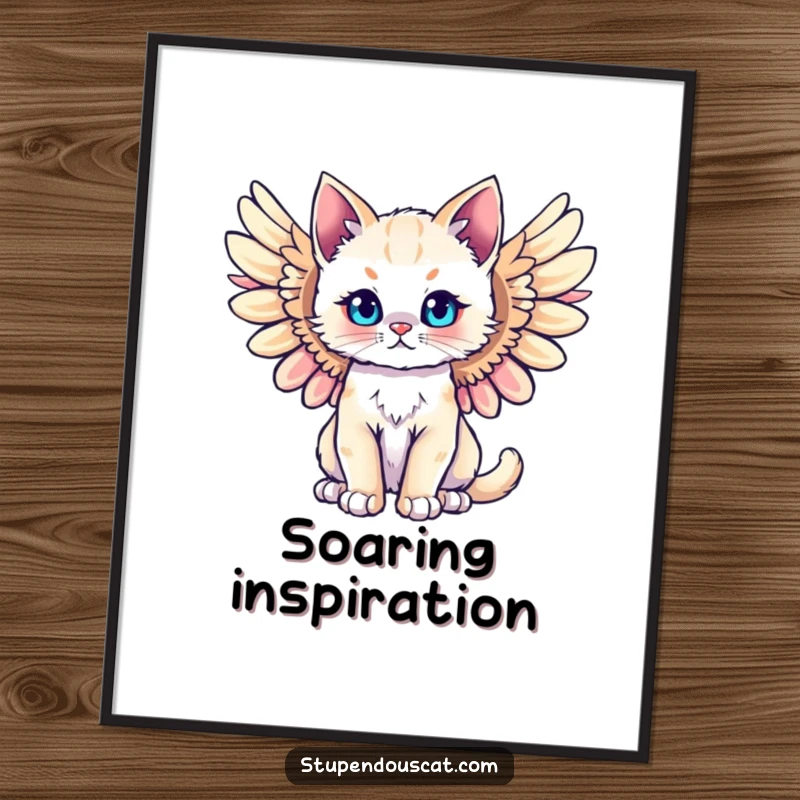 Funny majestic angel cat cub poster, wings spread wide in an angelic, humorous display. High-quality art for cat lovers.