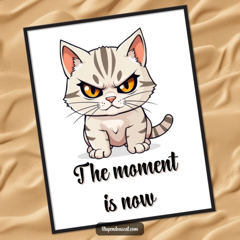 Funny determined cat poster featuring a cat with an intense, steely gaze, symbolizing focus and readiness for a grand undertaking.