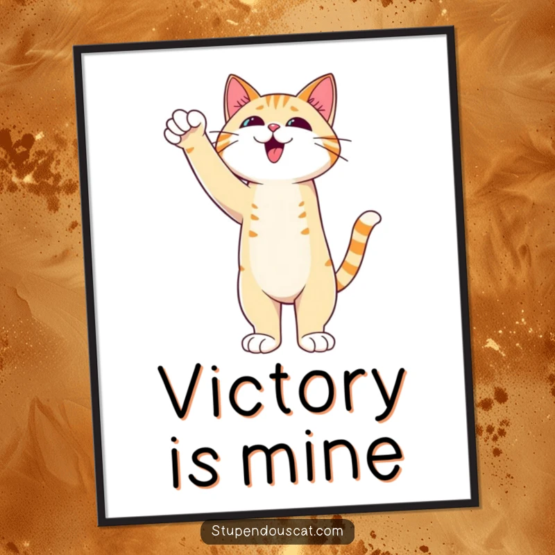 Funny Cat Poster showcasing an admirable cat standing tall with an outstretched paw of triumph, celebrating victory for decor.