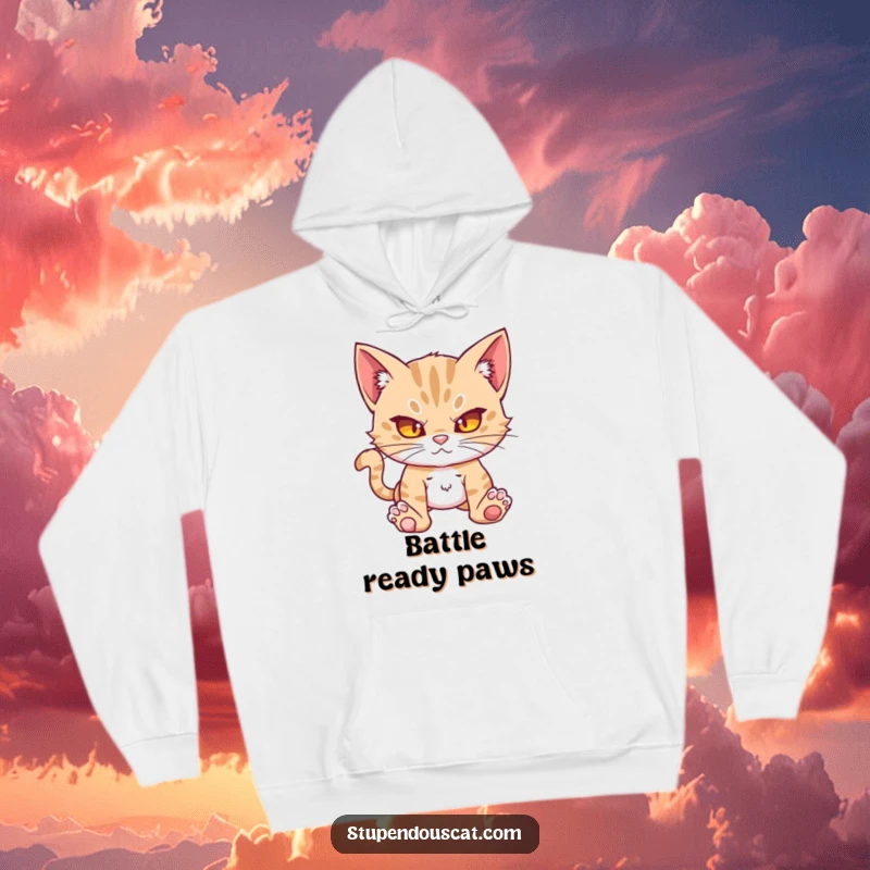 Funny action cat cub hoodie, depicted as formidable and ready for a humorous mission. Warm and bold apparel.