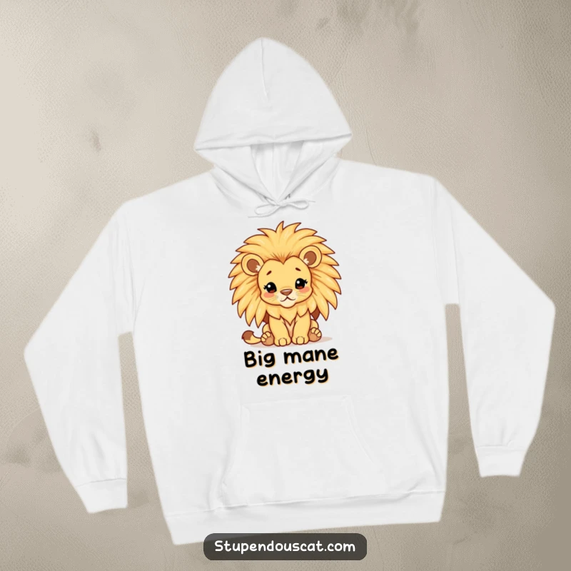Funny lion cub hoodie, showcasing a majestic cub with an oversized, shimmering mane, offering cozy, regal vibes.