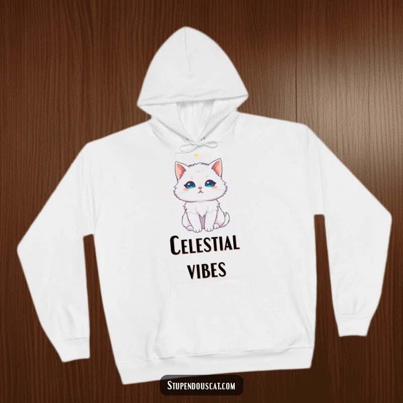 Funny white cat hoodie, majestic with a halo of shimmering stardust, offering cozy warmth and celestial vibes.