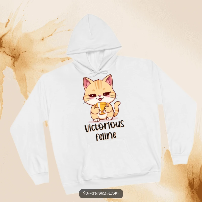 Funny smug cat hoodie holding a tiny trophy, warm and cozy, perfect for proud winners.