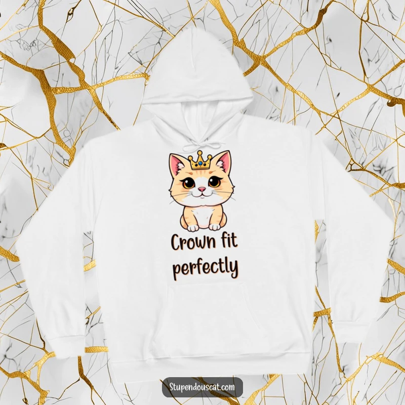 Funny hoodie featuring a regal cat wearing a small crown with an air of smug satisfaction, perfect for lounging.