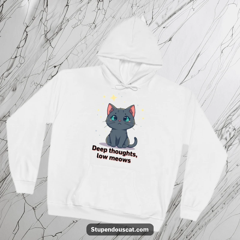 Funny hoodie with a mysterious cat looking up at a vast, starry night sky, offering warmth and cosmic dreams, a perfect funny gift.