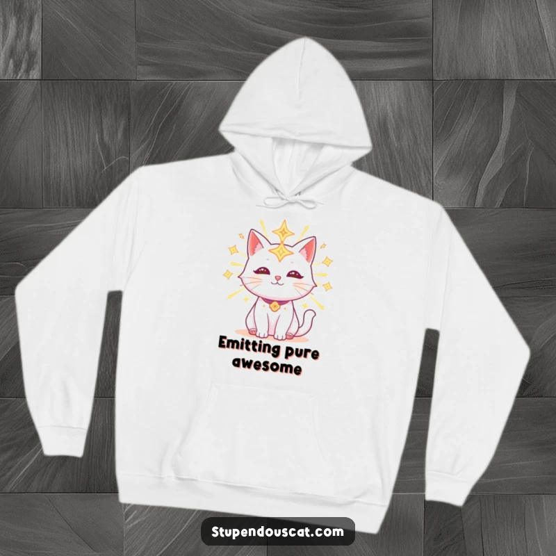 Funny Hoodie featuring a radiant cat decorated with glowing celestial symbols, offering warmth and a touch of cosmic magic.