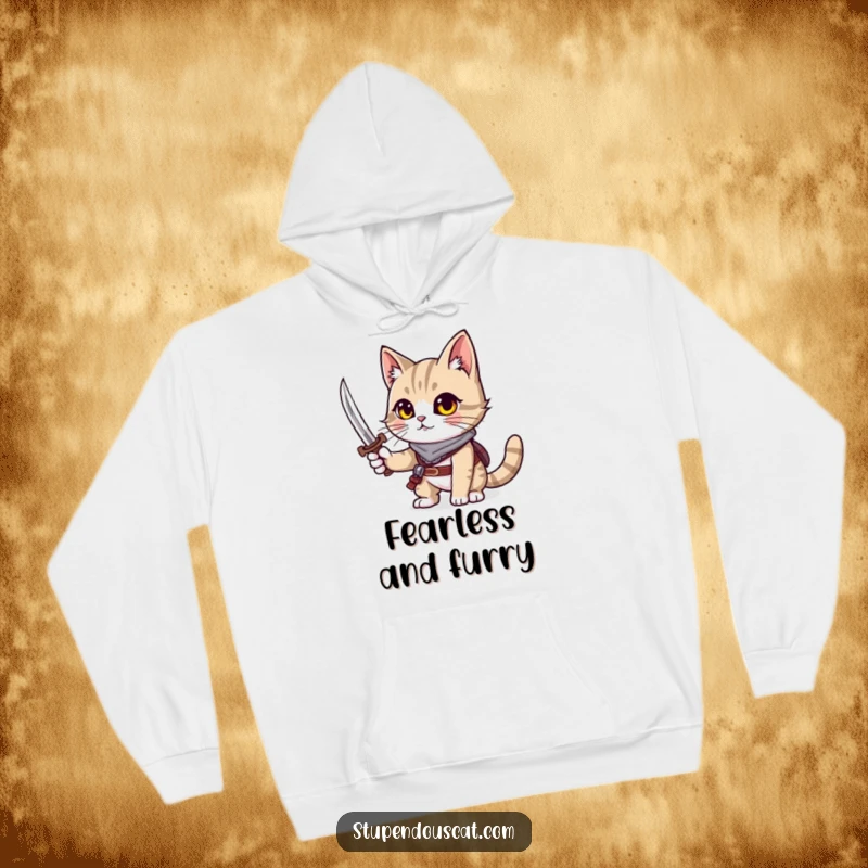 Funny cat hoodie showing a cat with an adventurous spirit, ready for battle with a tiny sword.