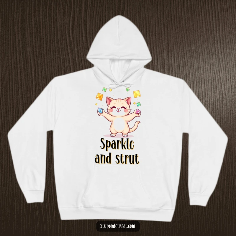 Funny cat juggling gems hoodie, a fluffy feline artist expertly tossing vibrant, precious stones, exuding skill and a sense of playful abundance.