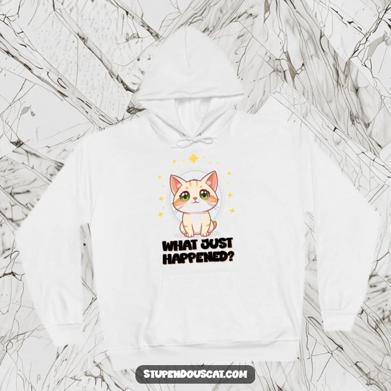 Funny cat hoodie showing a curious cat gazing in awe at an opening magical portal.
