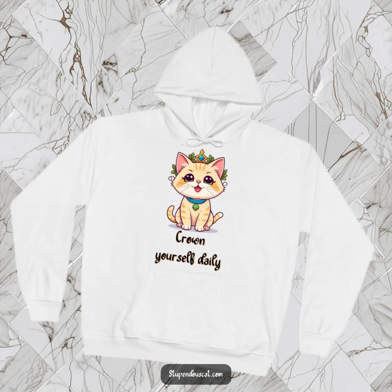 Funny champion cat in a laurel wreath, basking in triumphant glory, wearing a comfy hoodie, exuding smugness.