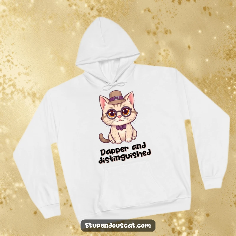 Funny Hoodie print of a distinguished cat wearing a monocle and top hat, symbolizing elegance and cozy comfort.