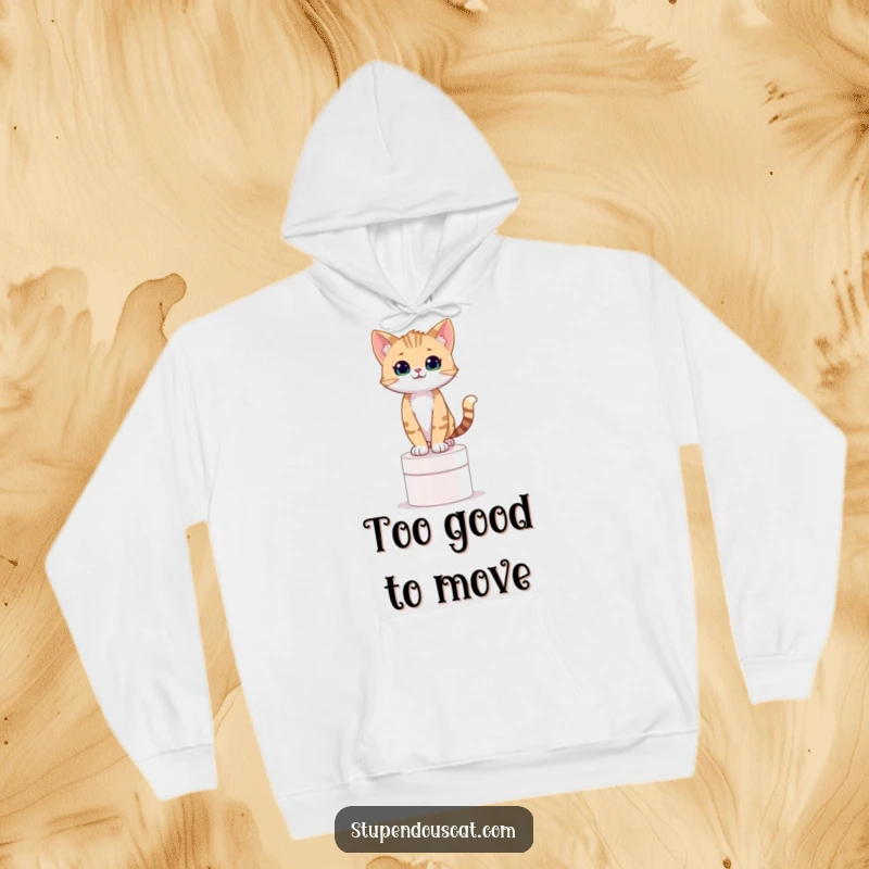 Funny hoodie depicting a confident cat cub standing regally on a pedestal, showcasing humorous achievement.