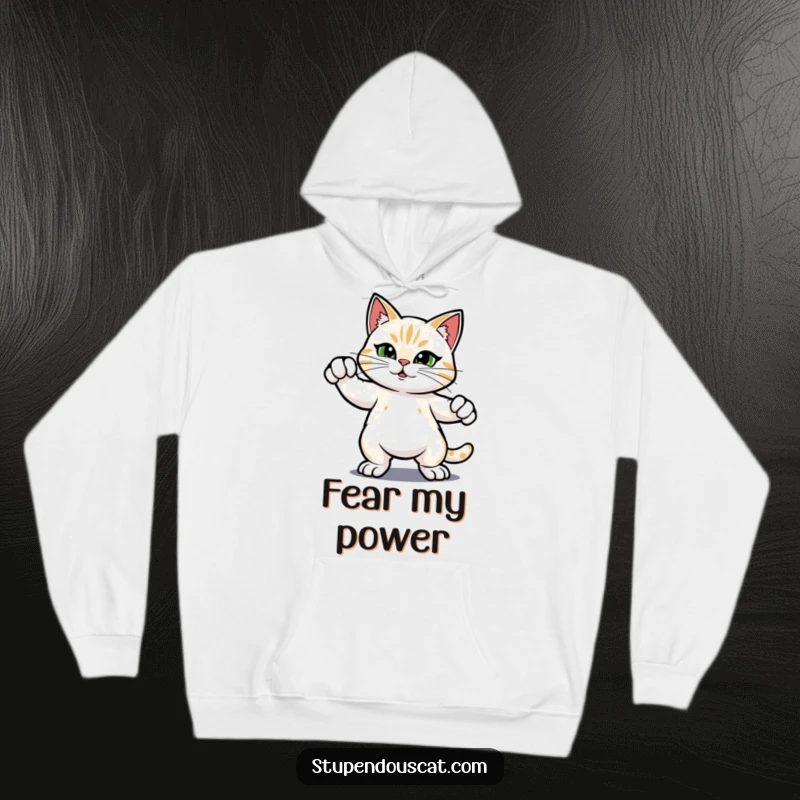 Funny hoodie showcasing a brave cat striking a heroic, confident pose, inspiring strength and humor on a chilly day.