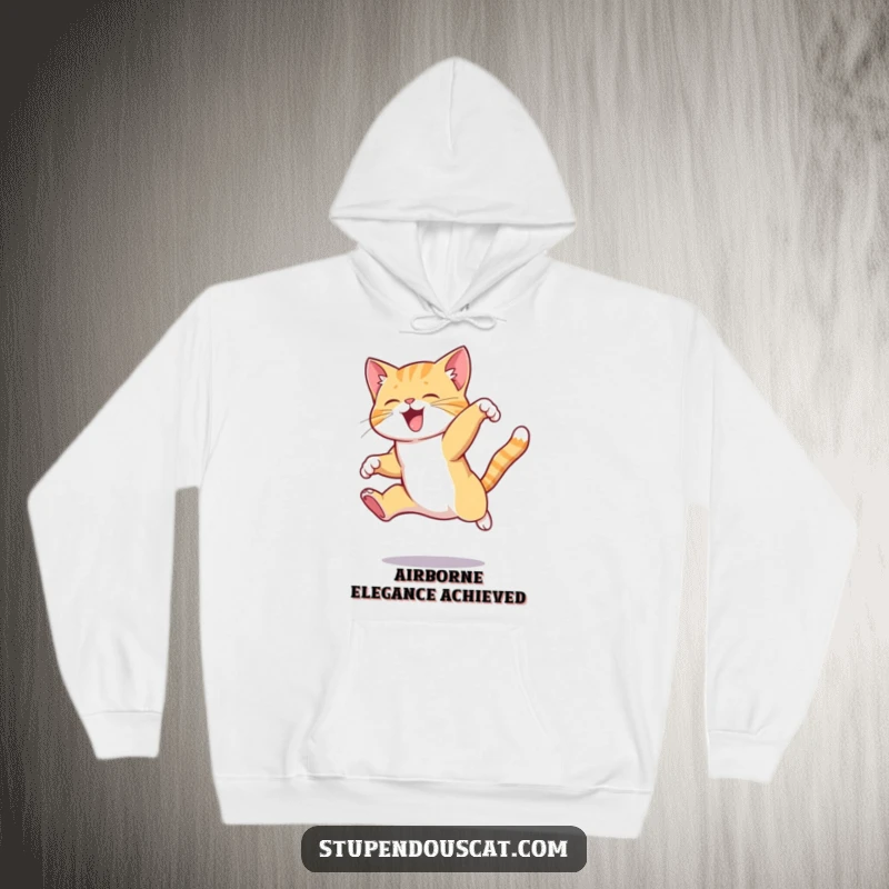 Funny cat hoodie showing a cat in mid-leap, performing a highly complex and elegant jump with grace and power.