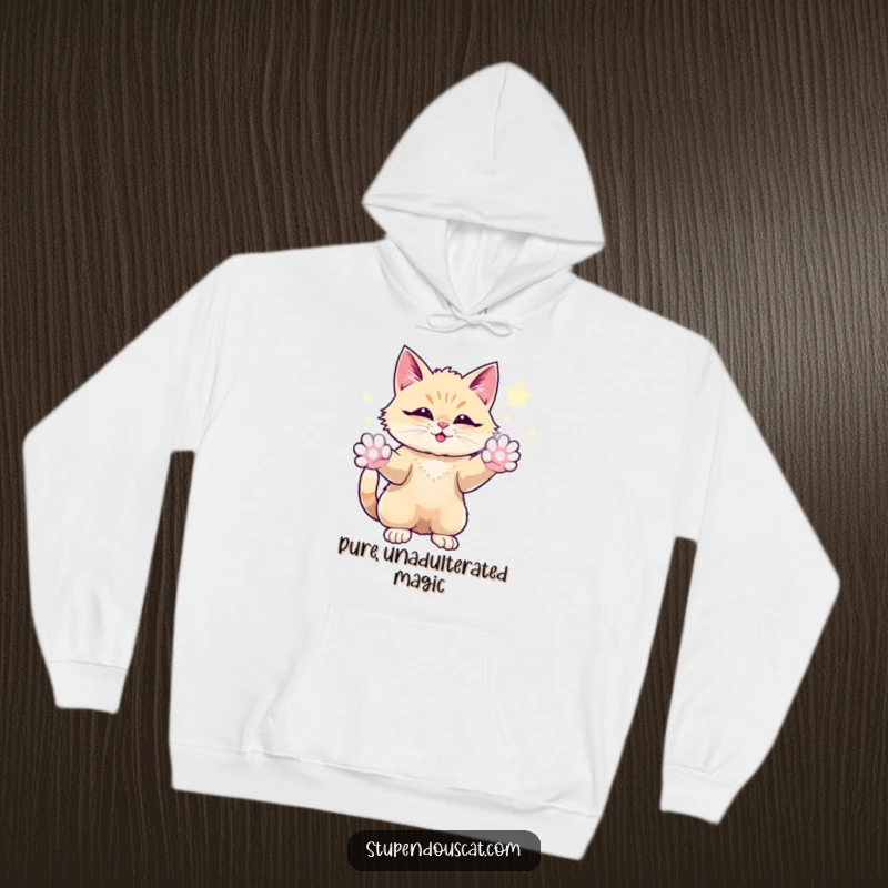 Funny hoodie showing a magical cat conjuring sparkling energy from its paws, looking awe-inspiring and mystical.