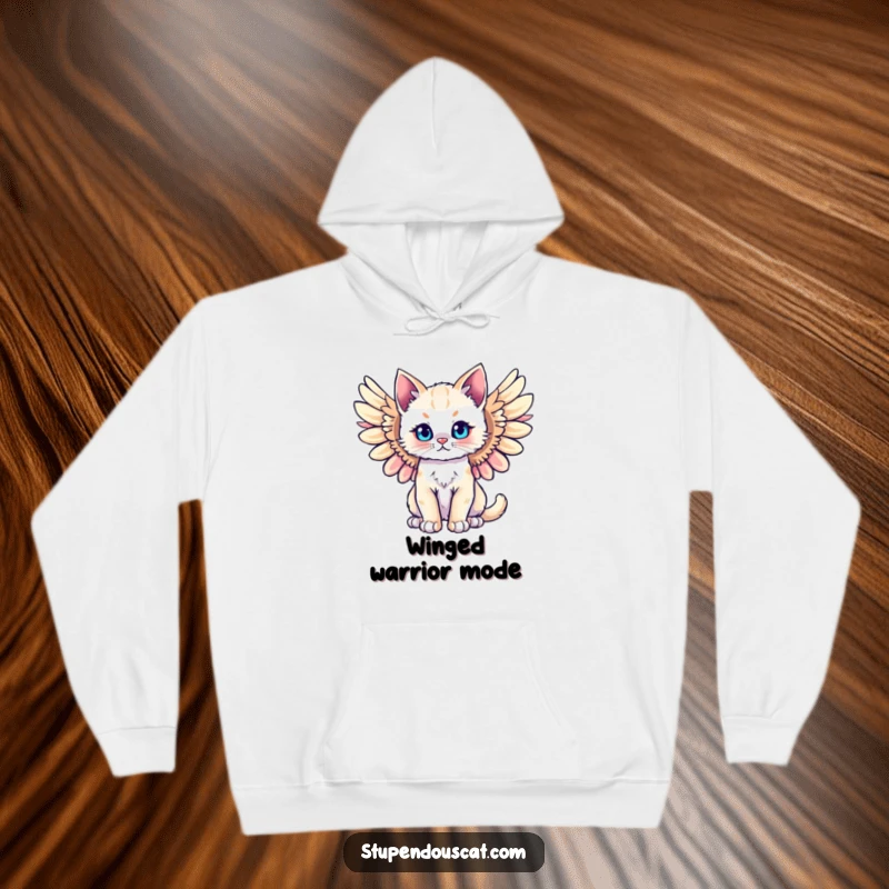 Funny majestic angel cat cub hoodie, showing celestial wings spread wide for a grand, humorous effect. Cozy and divine apparel.