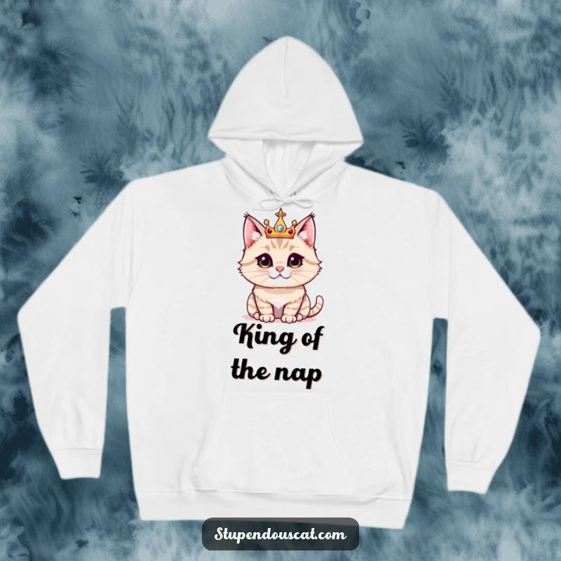 Funny hoodie with a majestic cat proudly wearing a small, sparkling crown, embodying royal comfort and humorous elegance.